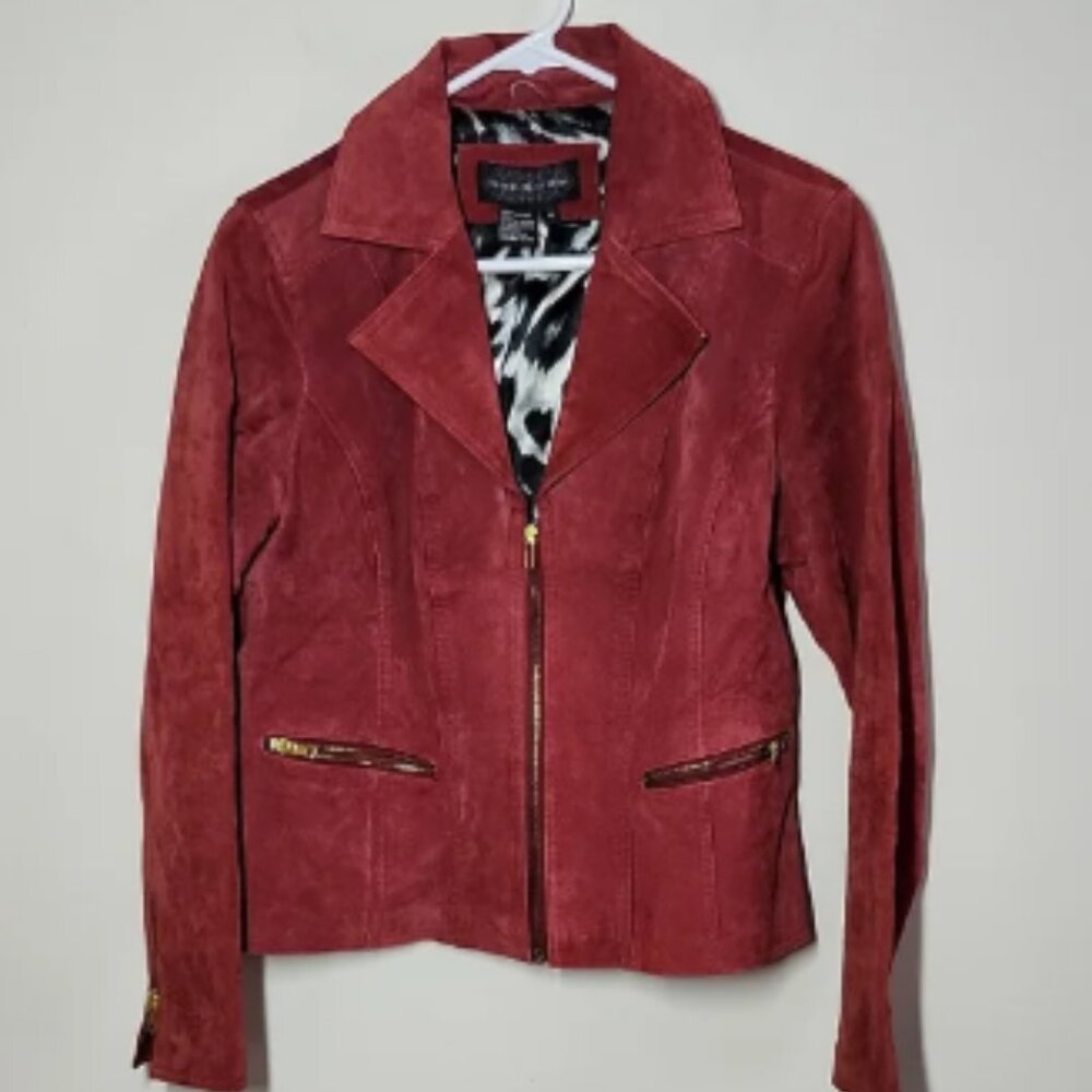 Live A Little Red Suede Jacket Leopard Lined Womens Medium Moto Jacket Bikercore